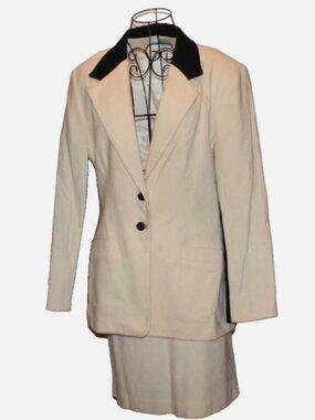 Vtg Moda Spiegel 14 Skirt Suit Cream Black Velvet Button Trim 80s Wool blend USA